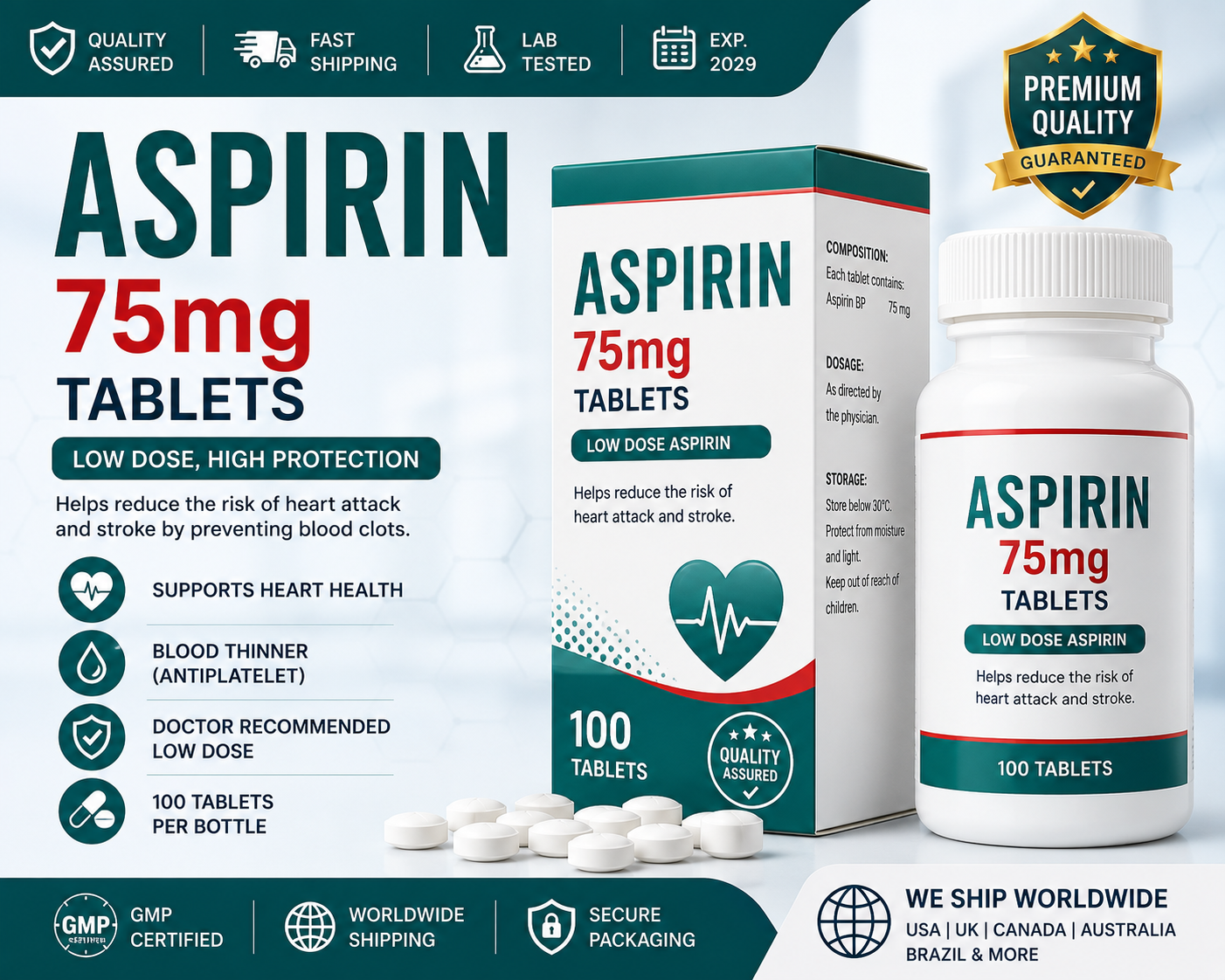 Aspirin 75mg Tablets 100 Count | Low-Dose Aspirin | Expiry 2029