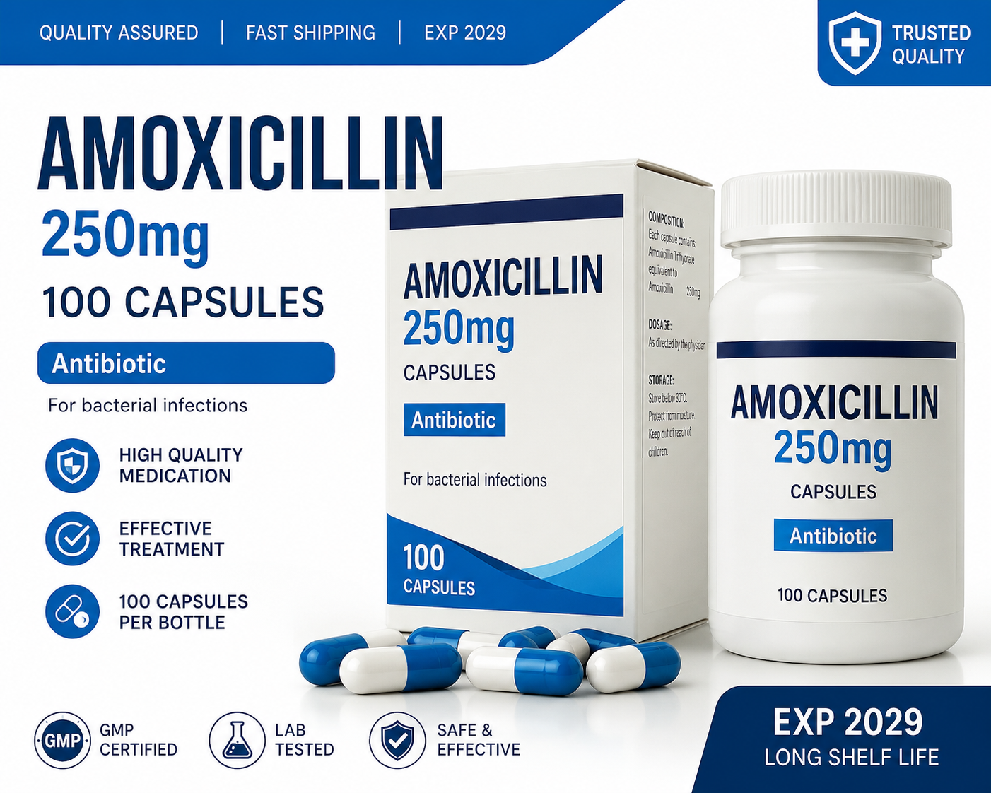 Amoxicillin 250mg Capsules 100 Count | Expiry 2029 | Fast Shipping