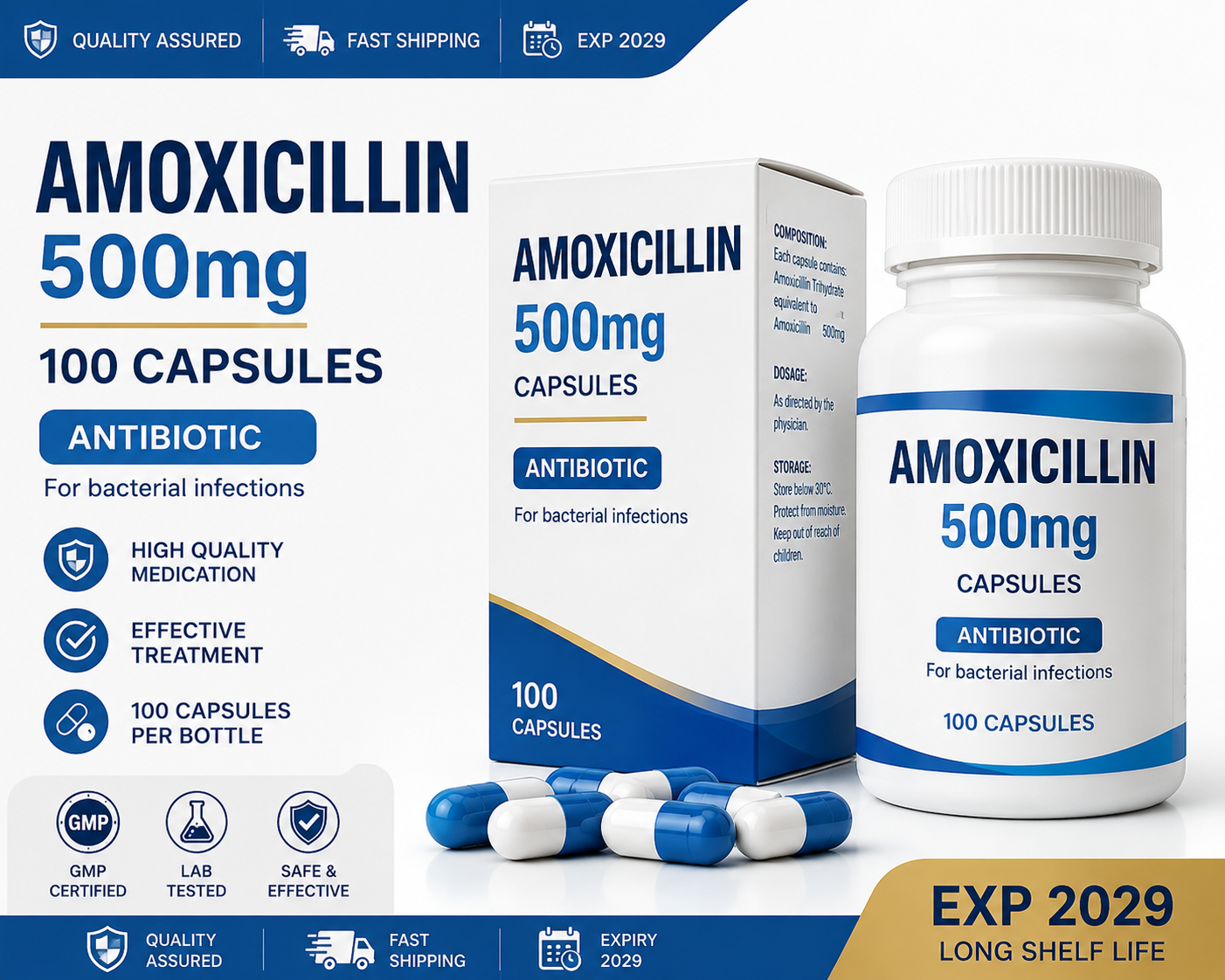 Amoxicillin 500mg Capsules 100 Count | Expiry 2029 | Fast Shipping