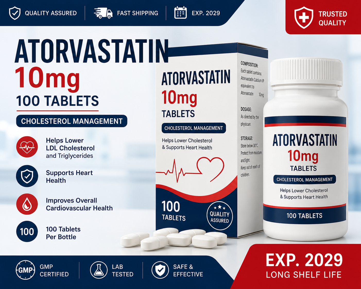 Atorvastatin 10mg Tablets 100 Count | Expiry 2029 | Fast Shipping