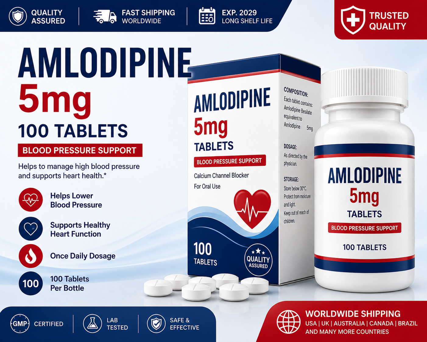 Amlodipine 5mg Tablets 100 Count | Expiry 2029 | Worldwide Shipping