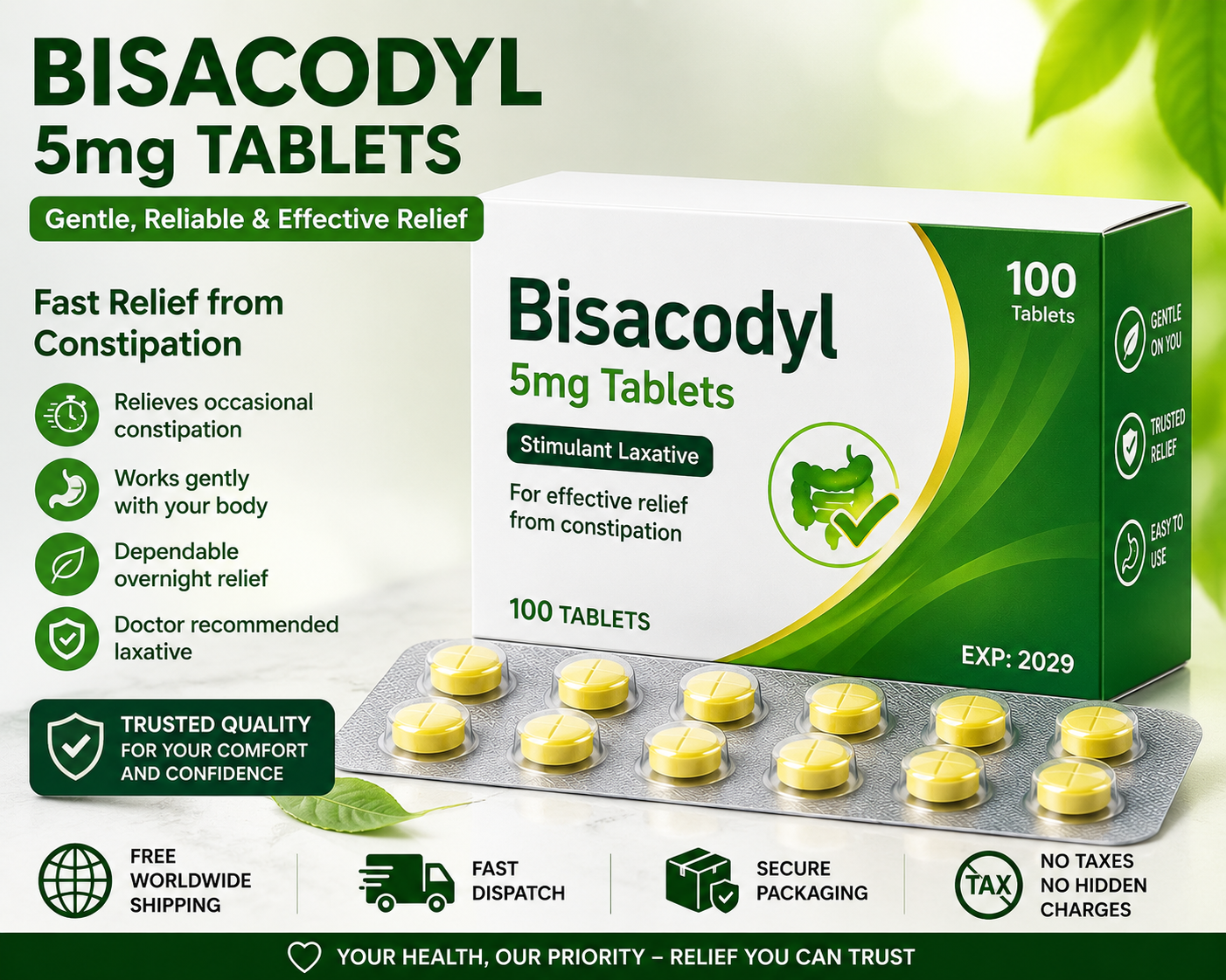 Bisacodyl 5mg Tablets 100 Count | Gentle Constipation Relief | Expiry 2029 | Worldwide Shipping