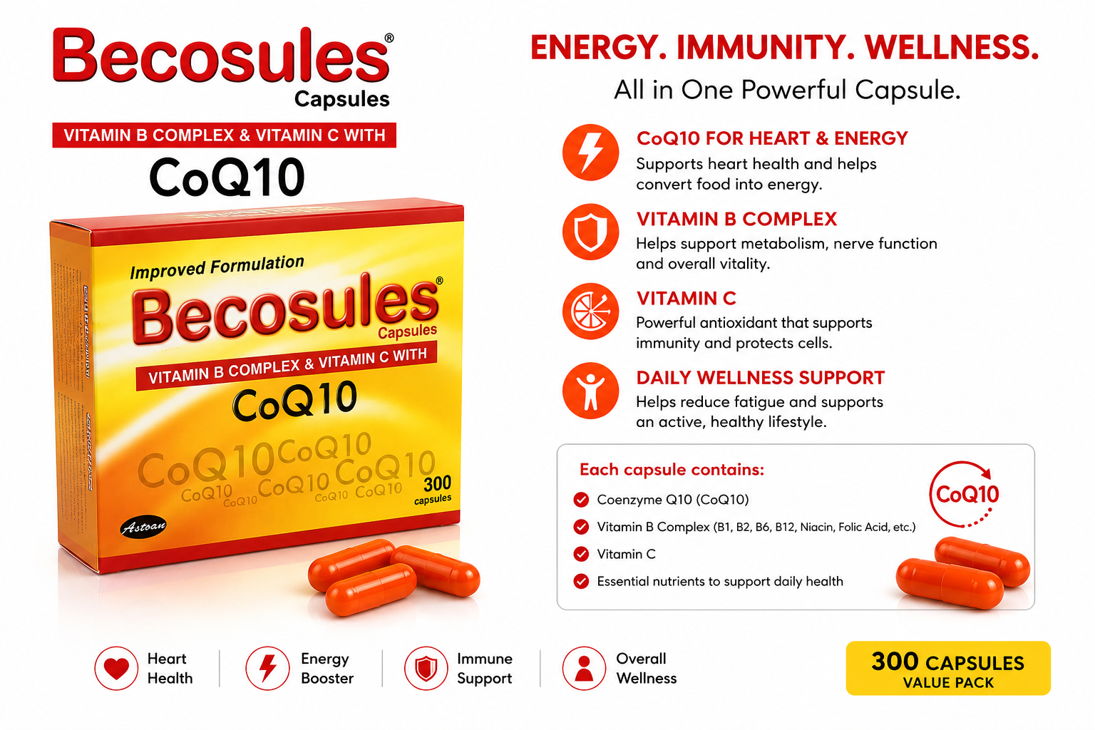 Becosules CoQ10 Vitamin B Complex + Vitamin C Capsules 300 Count Energy Support
