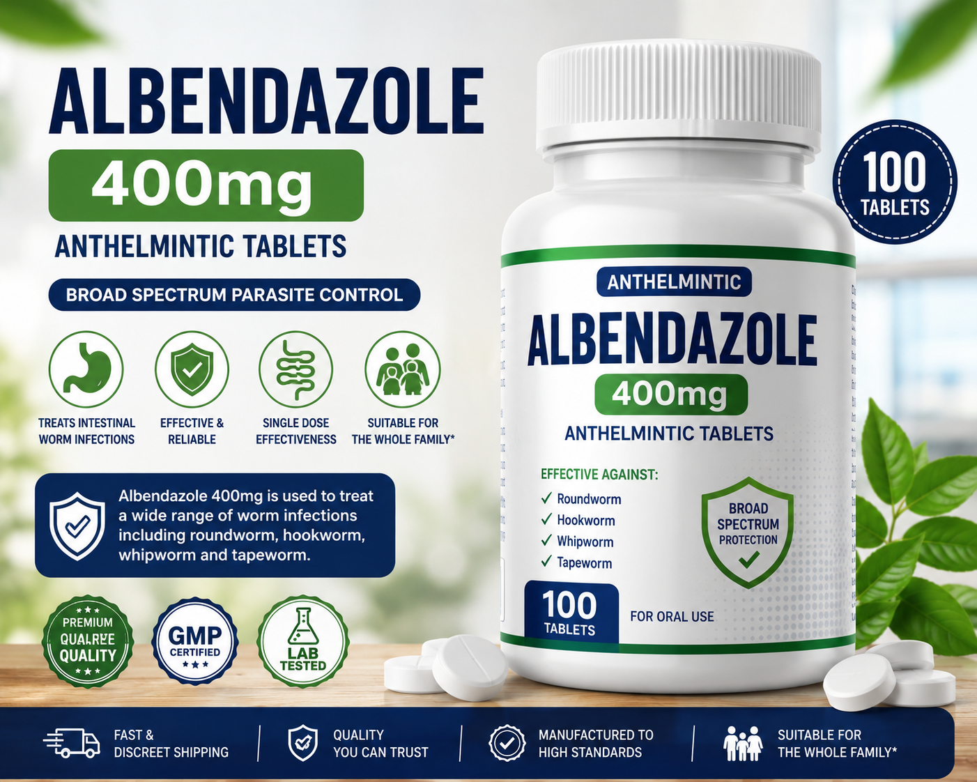 Albendazole 400mg Tablets | 100 Count | Broad-Spectrum Anthelmintic | Long Expiry